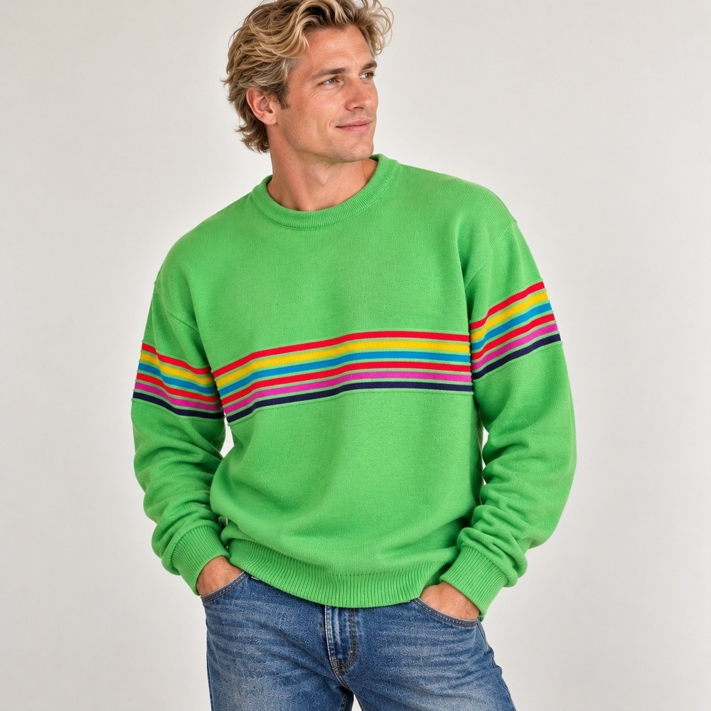 Meister VTG 80s Mens XL Wool Blend Ski Sweater Green Rainbow Stripe Apres Ski